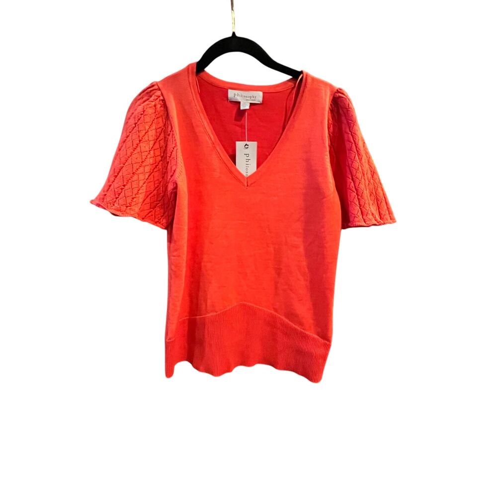 Philosophy Republic Clothing Puff Sleeve Knit Top Coral Red Small Petite NWT